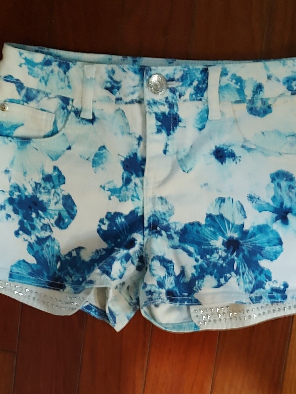 Justice White and Blue Floral Denim Shorts with Rhinestone Detail